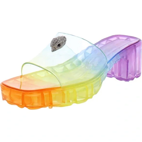 KURT GEIGER LONDON - MADDIE BLOCK BIRD EMBELLISHMENT SLIP ON RAINBOW SANDALS - Picture 2 of 3